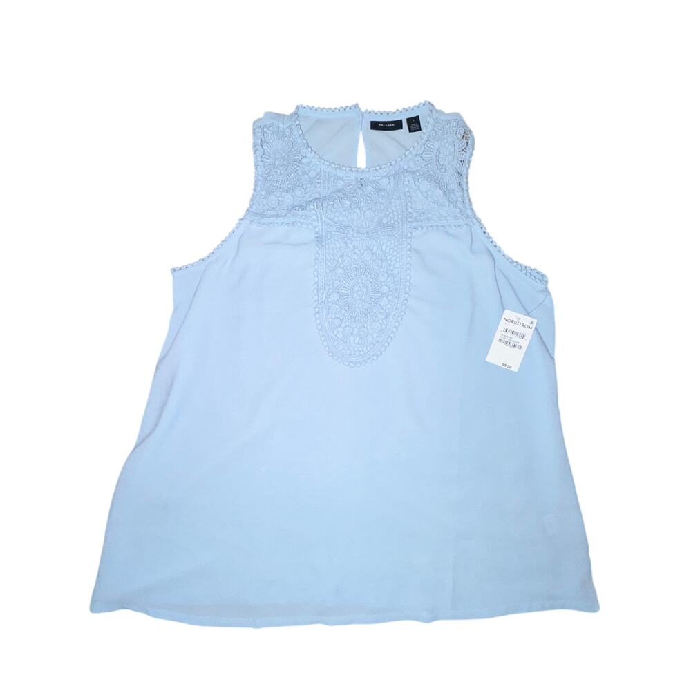 Halogen Sleeveless Blouse Women's Size L Light Blue Lace Crepe Keyhole Back NWT